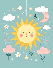 Cute sun, moon, clouds, and flowers design