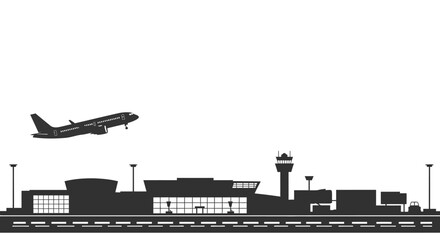 Dramatic silhouette of an airplane landing on a runway at an airport with control towers and buildings isolated on white background silhouette