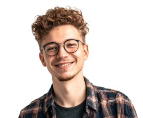 Happy young man with glasses, a friendly face, and a warm smile.