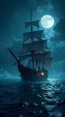 Fototapeta premium Dramatic Nighttime Tall Ship Sailing with Full Moon on the Ocean