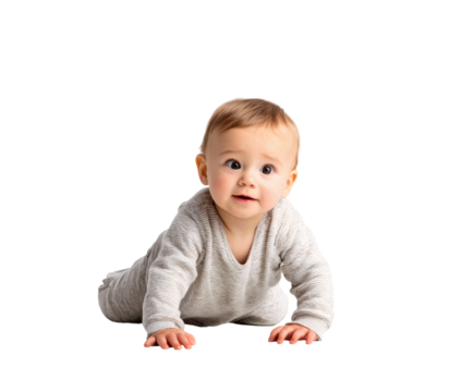 Adorable baby boy happily crawling forward in a light gray onesie.