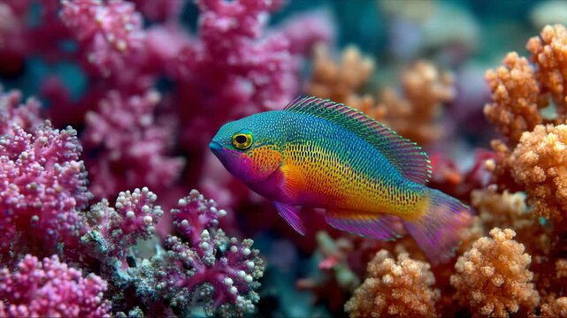 Colorful fish swimming among vibrant coral in a coral reef ecosystem showcasing marine life diversity in clear blue waters