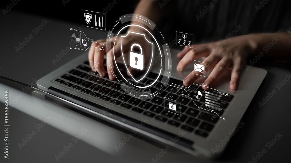 Aufkleber cyber security protects against breaches, hacks, and network attacks using strong infrastructure and