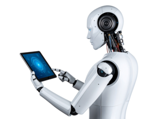 Ai robot using tablet isolate on White background 