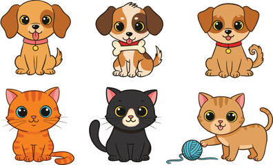 Cute cartoon dogs and cats vector set with playful poses, ideal for kids, pet designs, stickers, or educational content