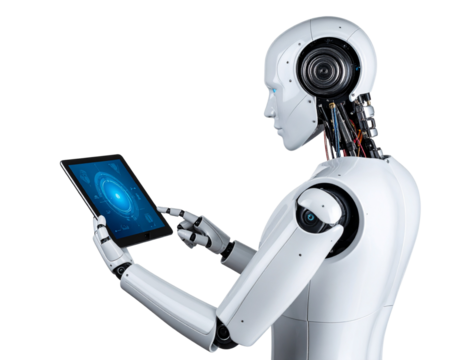 Ai robot using tablet isolate on White background 