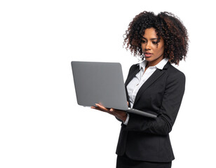 Businesswoman puzzled by a laptop with file cabinet drawers, symbolizing digital file