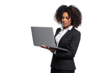 Businesswoman puzzled by a laptop with file cabinet drawers, symbolizing digital file