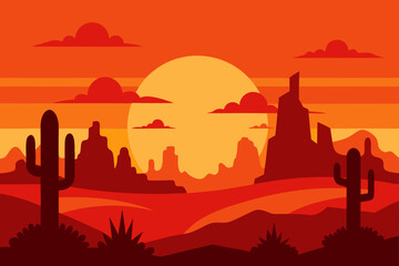 Vector illustration of a desert landscape with a beautiful sunset over the mountains and trees
