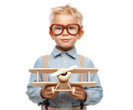 A young boy in glasses proudly displays his wooden toy airplane.