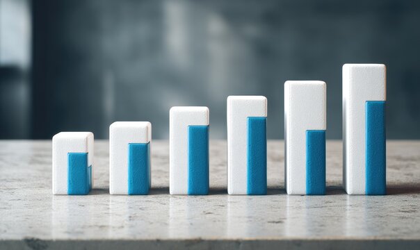 A row of white blocks with varying blue sections demonstrates a progressive increase in data.