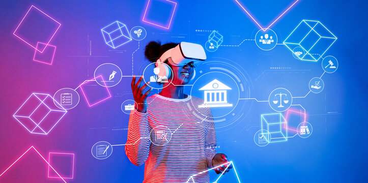 A woman in a virtual reality headset explores a digital space filled with icons representing banking, law, and technology, showcasing the future of financial services. XDMCP - Powered by Adobe