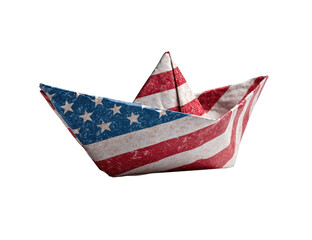 A paper boat, crafted in the style of the American flag, with a distressed, vintage effect