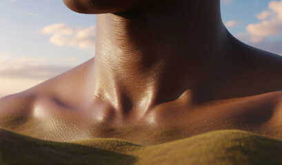 Shining. Detailed texture of human skin. Close up of young african-american male body surface like landscape with the sky