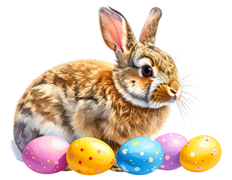 Easter bunny carrying basket with decorated eggs on transparent background  