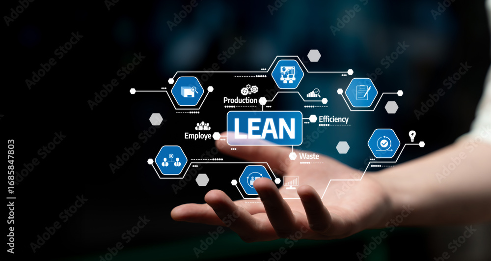 Poster a hand interacts with a digital display of lean management concepts, illustrating production efficie