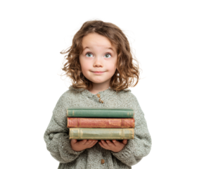 Curious girl holding a stack of vintage books