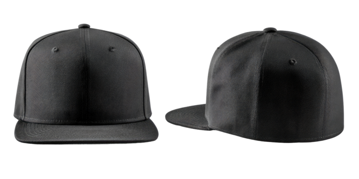 Two identical dark gray/black baseball caps displayed side-by-side, showcasing the front and side views.  The caps are blank, ready for customization