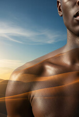 Shining. Detailed texture of human skin. Close up of young african-american male body surface like landscape with the sky