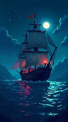 Obraz premium Pixel Art Sailing Ship on the Sea Under Moonlight Illustration