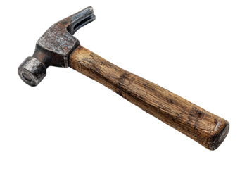 Close-up of a weathered claw hammer.  The aged metal head shows rust, and the wooden handle is worn