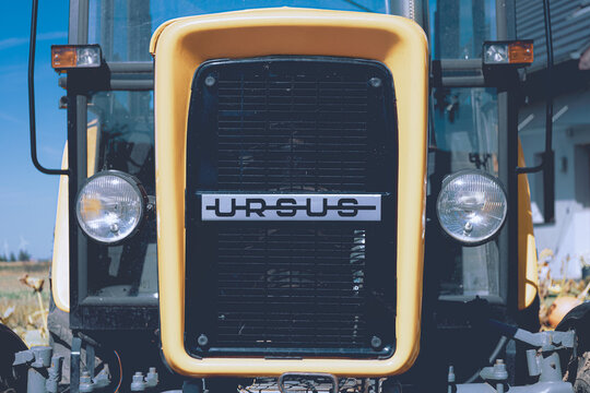 Opalenica, Poland - September 4, 2025. Ursus tractors logo on the front of a vintage C-360 model.