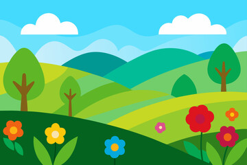 Beautiful summer and spring nature landscape with flowers, trees, and sky