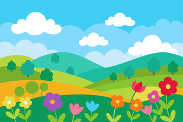 A vibrant summer landscape with green meadows, rolling hills, and a clear blue sky