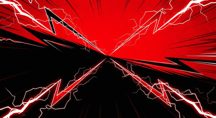 Powerful comic-style background in electric red and black featuring jagged lightning bolts.