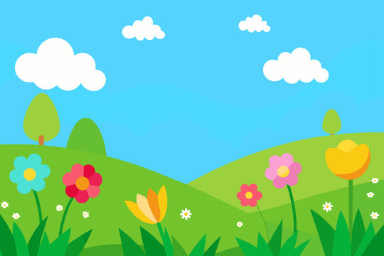 A sunlit meadow bursts with a vibrant illustration of spring flowers, green grass, and dancing butterflies beneath a blue sky