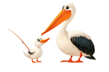 Young pelican pokes at adult pelican's beak with a piece of straw on a white background