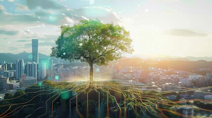 tree with digital roots spreading into a shenzhen city, where professionals use secure devices to access global economic models and green initiatives.