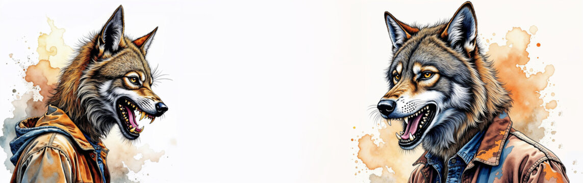 Set of vintage watercolor postcard in bright colors on white background for Halloween, illustration of man wearing werewolf mask, horizontal composition, copy space