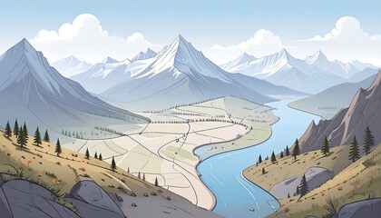 Panoramic mountain valley view with winding river