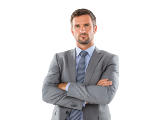 Confident businessman in a gray suit with folded arms.