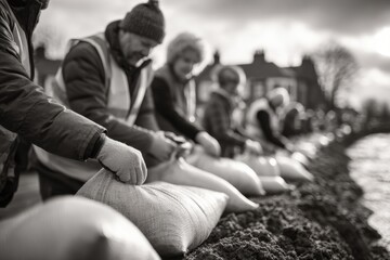 Fototapeta premium Community volunteers filling sandbags for flood protection
