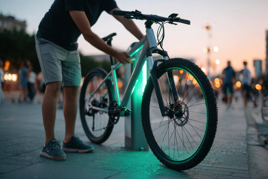 Modern bicycle adjustment in urban twilight