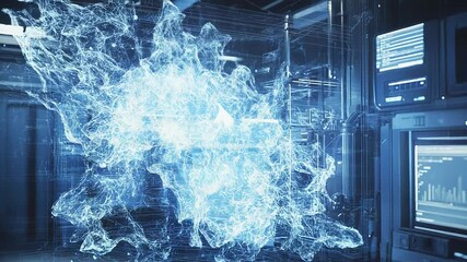 Futuristic server room processing complex data analysis with hologram displaying global network connections - Powered by Adobe