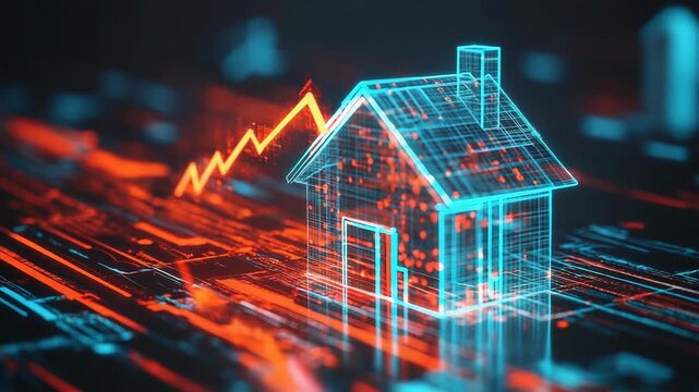 House value decreasing shown by red chart arrow and wireframe house