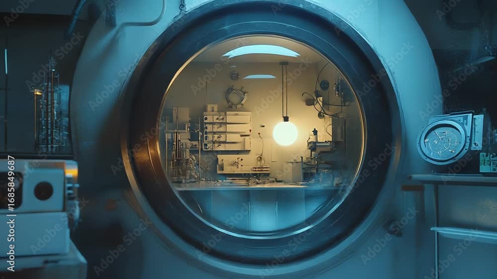 Poster scientific laboratory showing experiment in progress through porthole window