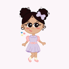 Cute Cartoon Little Girl in Lilac Dress with Bow Kawaii Child Illustration Clipart
