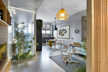 Modern luxury apartment interior in minimal scandinavian style, 3d rendering