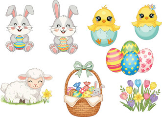 Easter bunny, spring lamb, cute chicks, colorful eggs, festive basket, tulips, holiday celebration, pastel animals, joyful illustration
