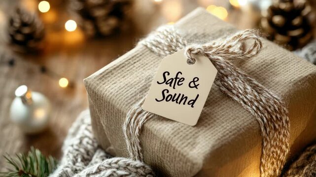 Wrapped gift with "Safe & Sound" tag, cozy winter setting