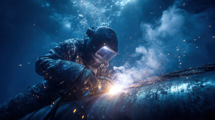 Underwater welding action ocean depths industrial process submarine environment close-up view innovative techniques