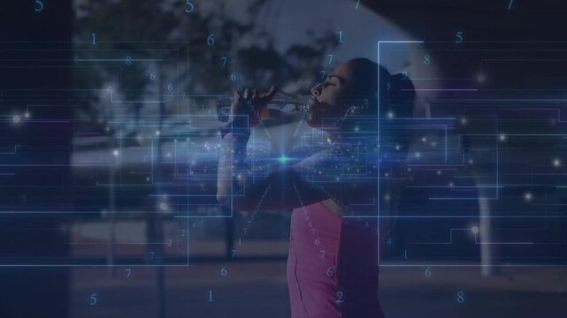 Female singer gripping microphone and activating luminous grid while singing music technology demo