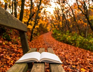 Open book on park bench, autumn leaves