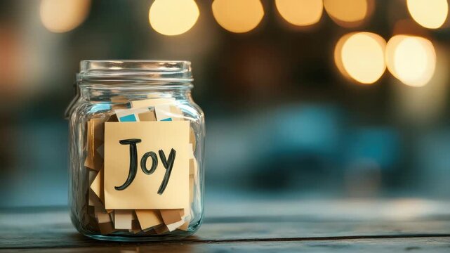 Clear jar filled with papers labeled "Joy," blurred lights in background