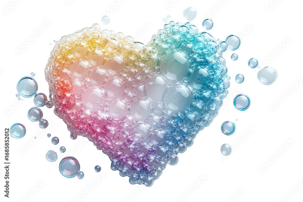 Poster colorful soap bubbles arranged in heart shape showing love and affection on a transparent background