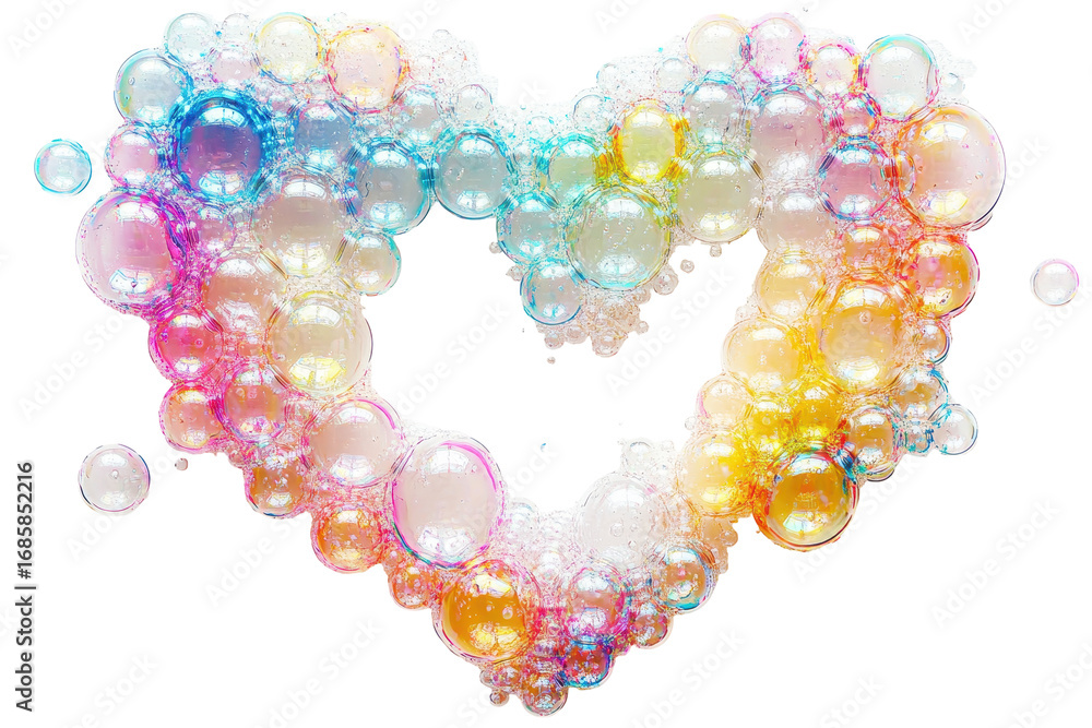 Poster colorful soap bubbles arranged in heart shape showing love and affection on a transparent background